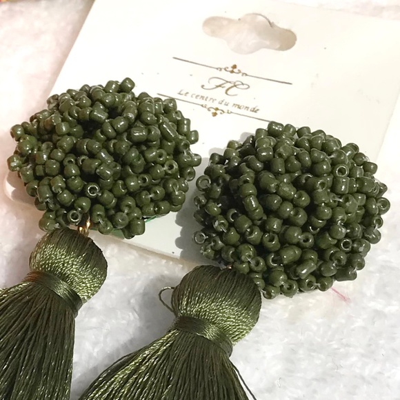 New! Large Olive Boho Earrings Fluffy Post Tassels - Picture 2 of 4